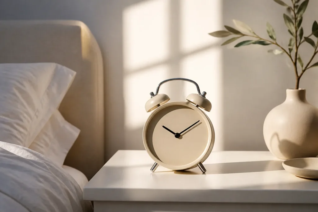 A minimalist analog alarm clock on a clean bedside table, illuminated by soft morning sunlight, symbolizing time cost, consistency, and an efficient m...