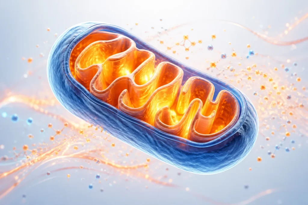 Create a clean, editorial 3D illustration of a single human mitochondrion glowing with warm energy, surrounded by subtle flowing particles suggesting...