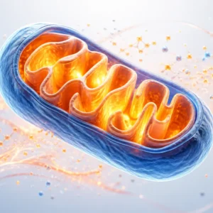Create a clean, editorial 3D illustration of a single human mitochondrion glowing with warm energy, surrounded by subtle flowing particles suggesting...