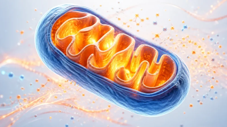 Create a clean, editorial 3D illustration of a single human mitochondrion glowing with warm energy, surrounded by subtle flowing particles suggesting...