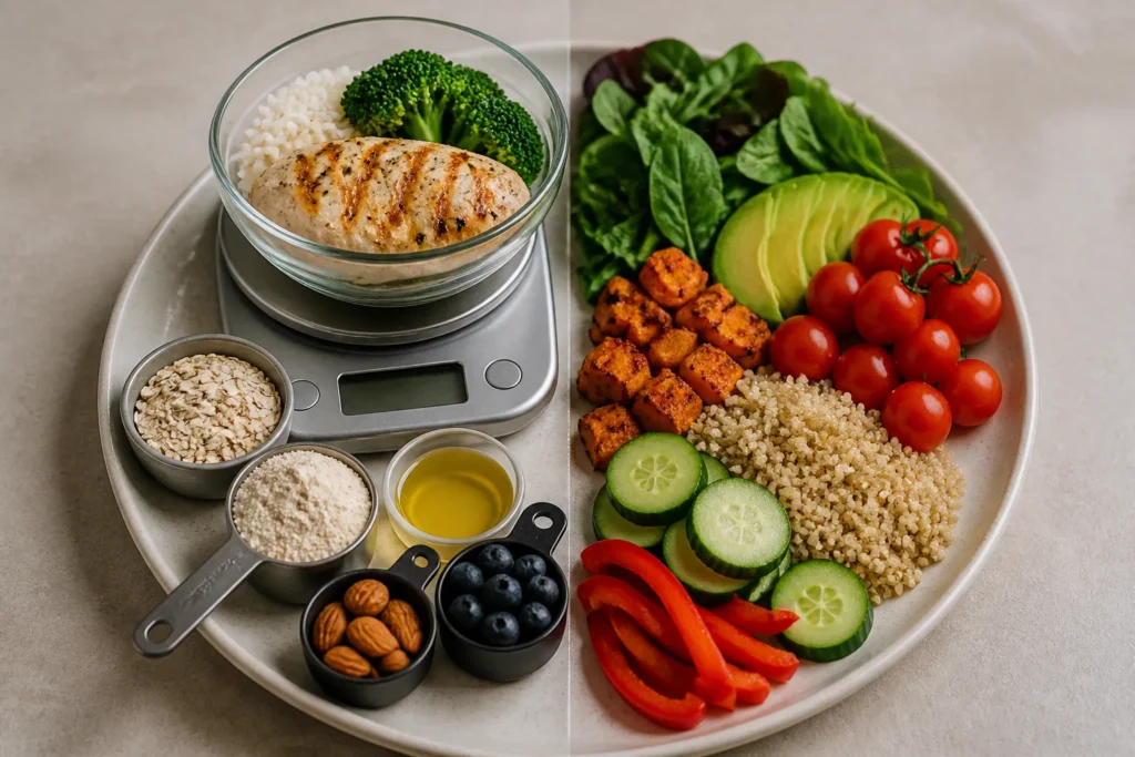 Create a clean, editorial-style featured image showing a balanced meal-prep plate divided into two contrasting sections: one with precisely measured f...