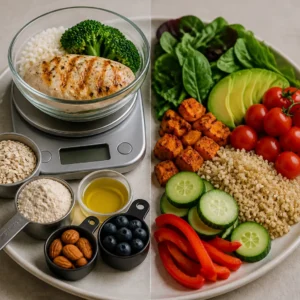 Create a clean, editorial-style featured image showing a balanced meal-prep plate divided into two contrasting sections: one with precisely measured f...