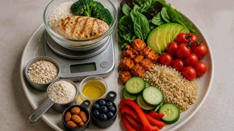 Create a clean, editorial-style featured image showing a balanced meal-prep plate divided into two contrasting sections: one with precisely measured f...