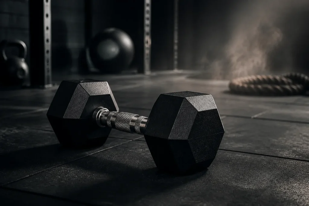 Create a dynamic, photorealistic fitness image featuring one dumbbell on a dark gym floor, with subtle visual motion cues suggesting a 20-minute full-...