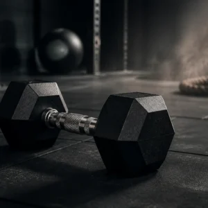 Create a dynamic, photorealistic fitness image featuring one dumbbell on a dark gym floor, with subtle visual motion cues suggesting a 20-minute full-...