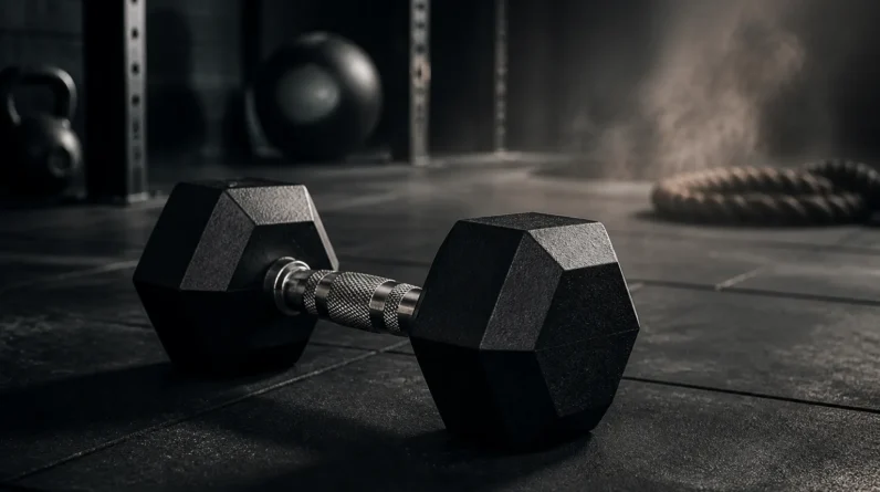Create a dynamic, photorealistic fitness image featuring one dumbbell on a dark gym floor, with subtle visual motion cues suggesting a 20-minute full-...