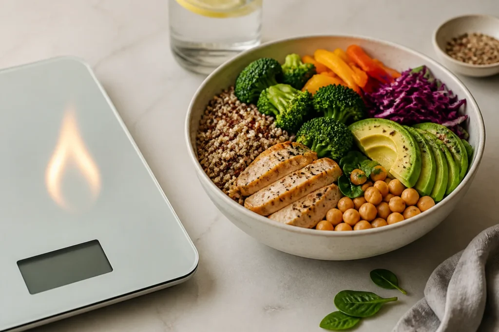 Editorial food photography of a bowl of colorful, nutrient-dense foods beside a subtle measuring scale and a small flame-shaped reflection, symbolizin...