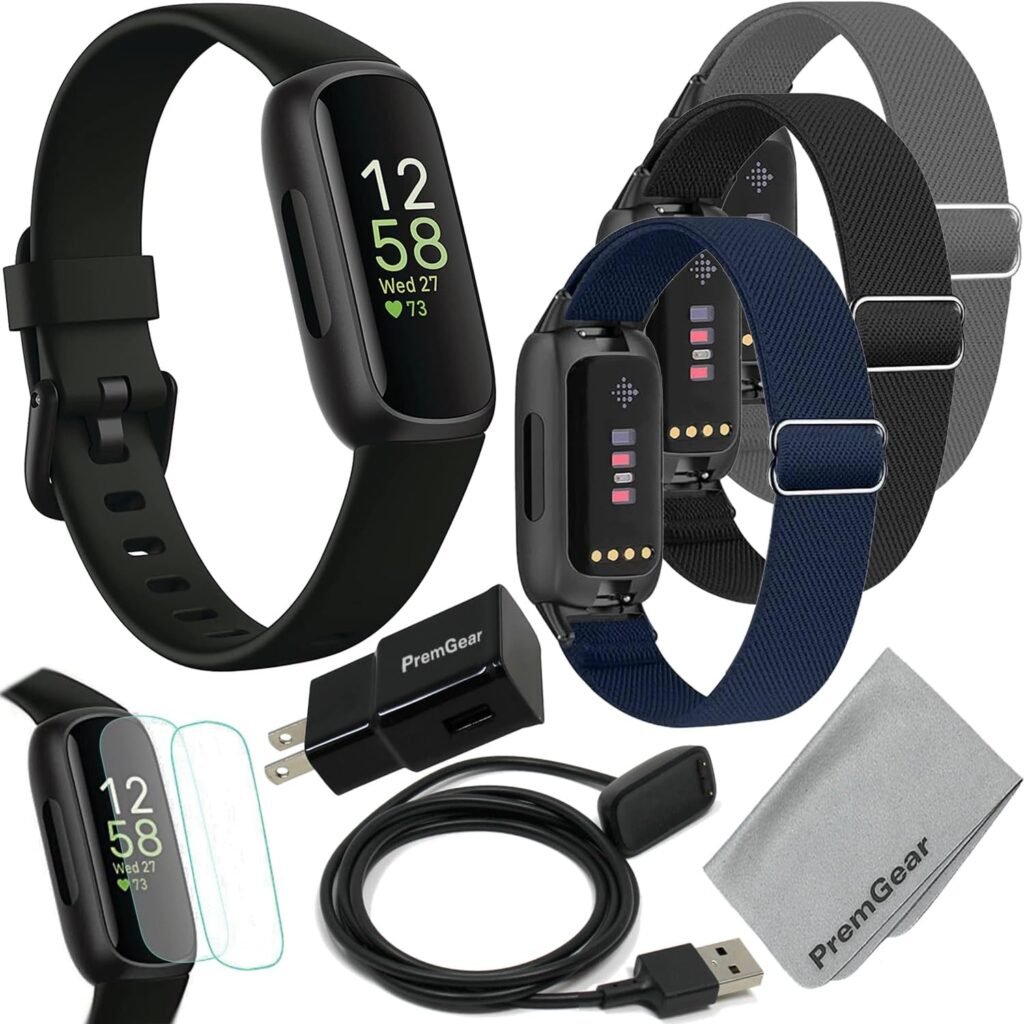 Fitbit Inspire Health & Fitness Activity Tracker (Black) with Workout Intensity, Sleep Tracking, Heart Rate, Nylon Comfortable Watch Bands, Wall Adapter, Screen Shields & Cloth