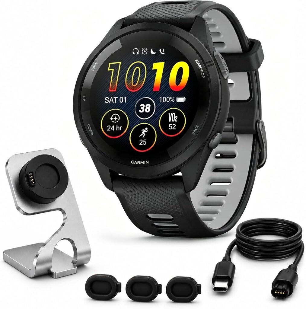 Garmin Forerunner Running GPS Smartwatch, AMOLED Display, 46mm, Black/Powder Gray, 010-02810-00 - Bundle w/Deco Essentials Charging Dock, Dust Cover and USB-C Cable