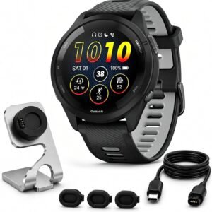 Garmin Forerunner Running GPS Smartwatch, AMOLED Display, 46mm, Black/Powder Gray, 010-02810-00 - Bundle w/Deco Essentials Charging Dock, Dust Cover and USB-C Cable
