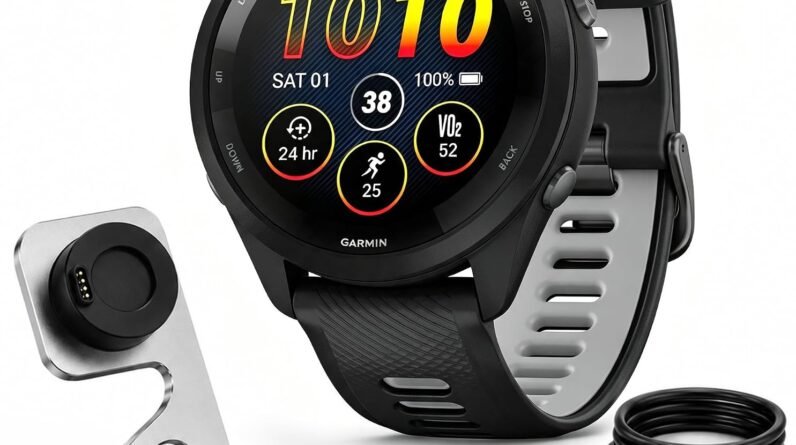 Garmin Forerunner Running GPS Smartwatch, AMOLED Display, 46mm, Black/Powder Gray, 010-02810-00 - Bundle w/Deco Essentials Charging Dock, Dust Cover and USB-C Cable