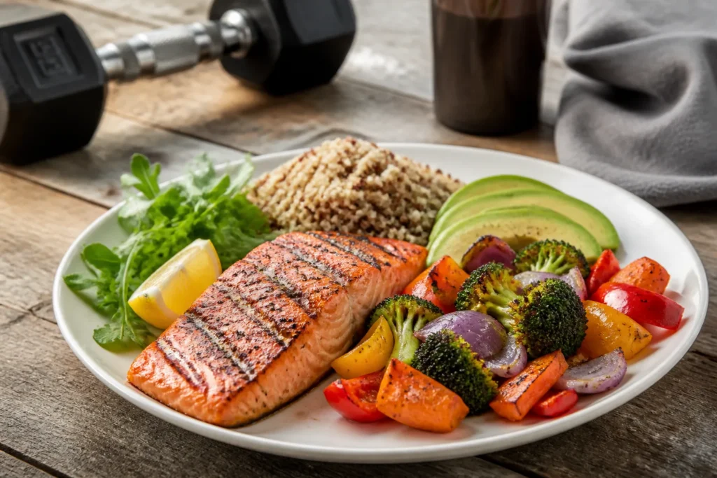 Photorealistic close-up of a balanced pre-workout meal on a clean plate: grilled salmon, avocado, quinoa, and roasted vegetables, with a subtle athlet...