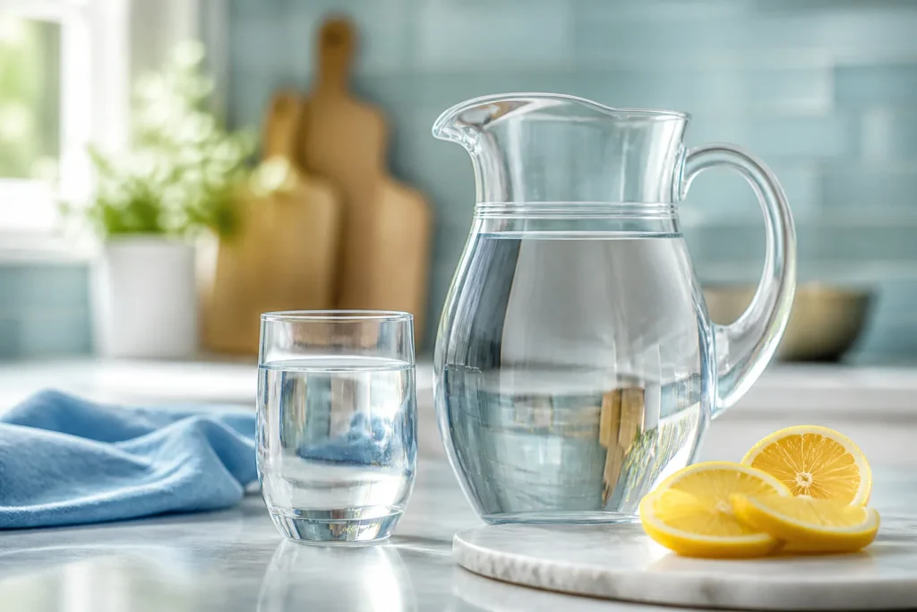Photorealistic editorial image of a clear glass pitcher filled with fresh water beside a simple drinking glass and a few slices of lemon, on a bright...