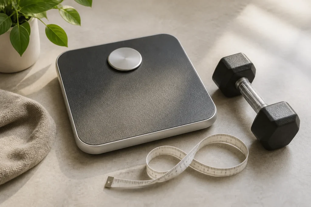 Create a clean editorial illustration of a bathroom scale beside a small dumbbell and a measuring tape, suggesting muscle gain and fat loss can keep b...