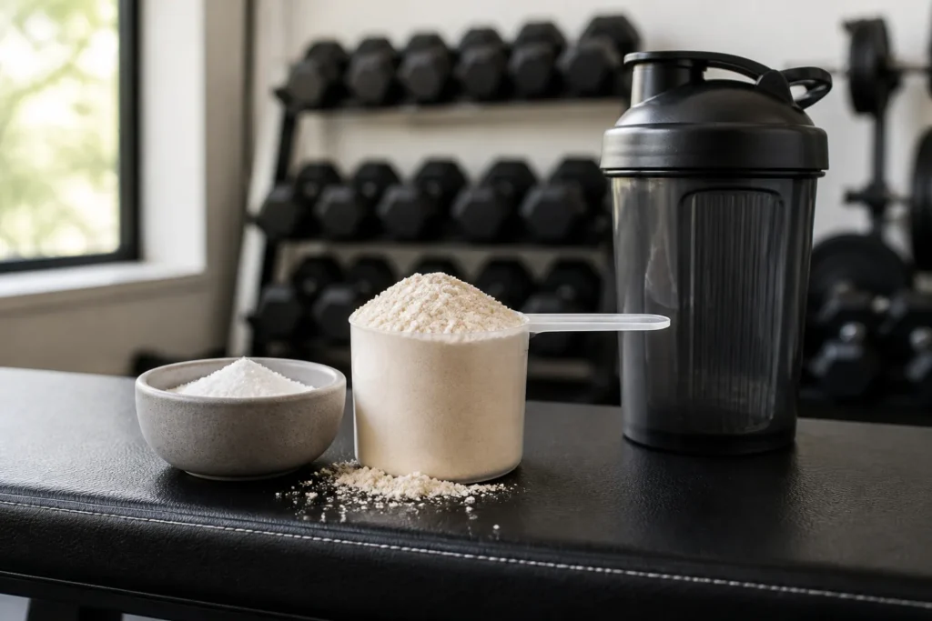 Create a clean, photorealistic still life of an unbranded scoop of protein powder beside a small bowl of creatine and a shaker bottle, on a bright gym...