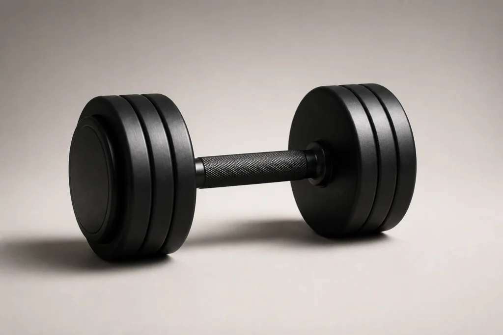 Create a polished editorial image of a single matte-black dumbbell with balanced weight plates, symbolizing steady muscle gain and control. Clean stud...