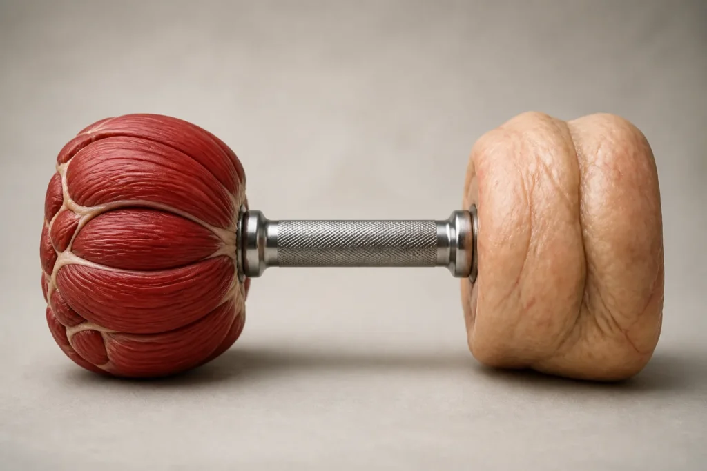 Create a polished editorial image of a single sculptural dumbbell, one end formed from defined muscle fibers and the other from soft natural body tiss...