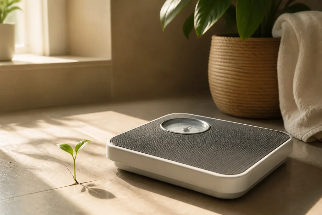 Create an editorial wellness image of a simple bathroom scale resting on a warm, sunlit floor, with a tiny green sprout growing beside it—symbolizing...