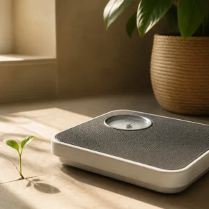 Create an editorial wellness image of a simple bathroom scale resting on a warm, sunlit floor, with a tiny green sprout growing beside it—symbolizing...