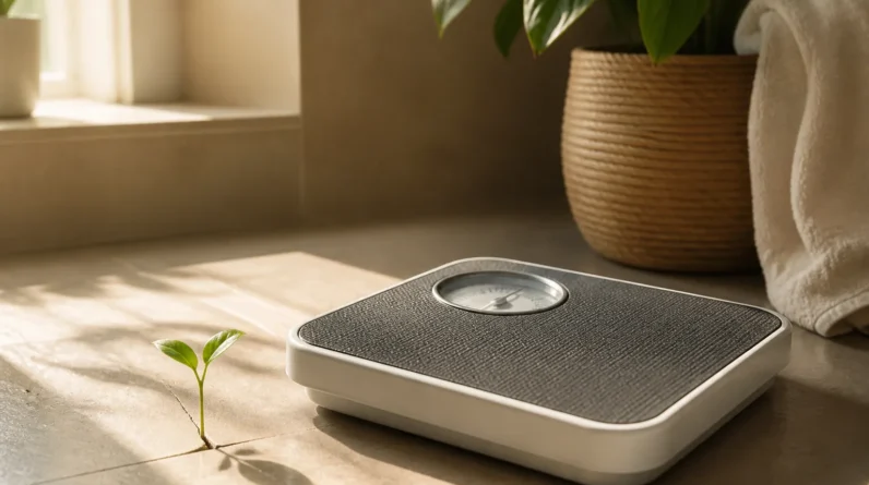 Create an editorial wellness image of a simple bathroom scale resting on a warm, sunlit floor, with a tiny green sprout growing beside it—symbolizing...