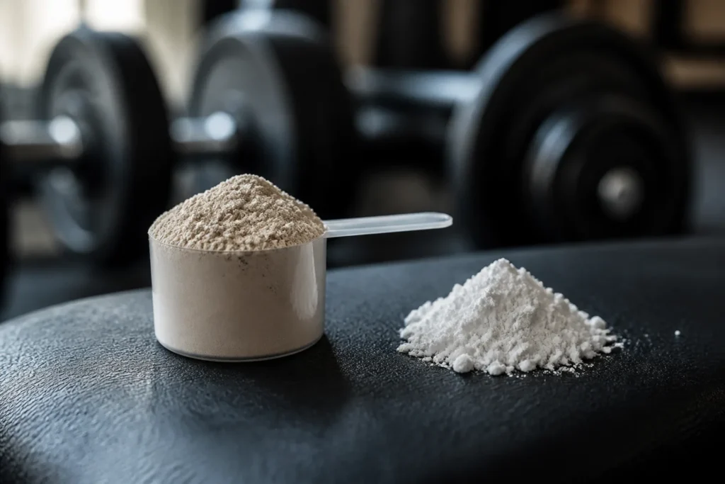 Photorealistic editorial still life of an unbranded scoop of protein powder beside a small pile of creatine monohydrate on a dark gym bench, with soft...