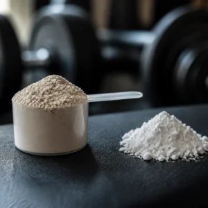 Photorealistic editorial still life of an unbranded scoop of protein powder beside a small pile of creatine monohydrate on a dark gym bench, with soft...