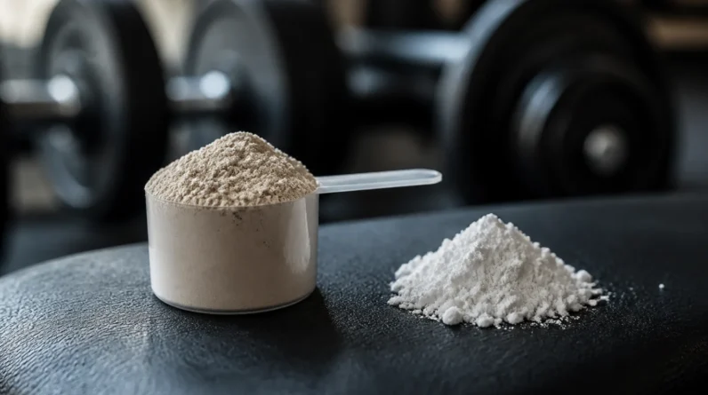 Photorealistic editorial still life of an unbranded scoop of protein powder beside a small pile of creatine monohydrate on a dark gym bench, with soft...